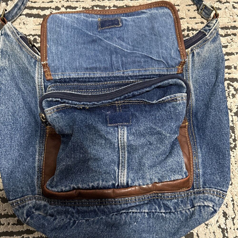 Denim Jean Shoulder Hobo Bag Purse Jean Pockets Leather Y2K Vintage Retro Hippie - Picture 4 of 16